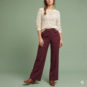 NWT LOFT Burgundy Trousers Wide Leg High Rise Front Button Deep Wine Maroon Sz 8